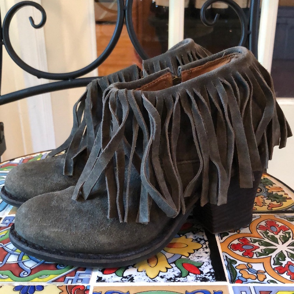 Fiorentini + Baker Gray-Green Fringe Ankle Booties